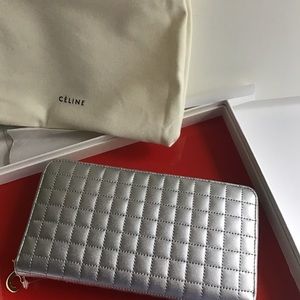 CELINE Paris Metallic Quilted Zipper Clutch/Wallet, Silver